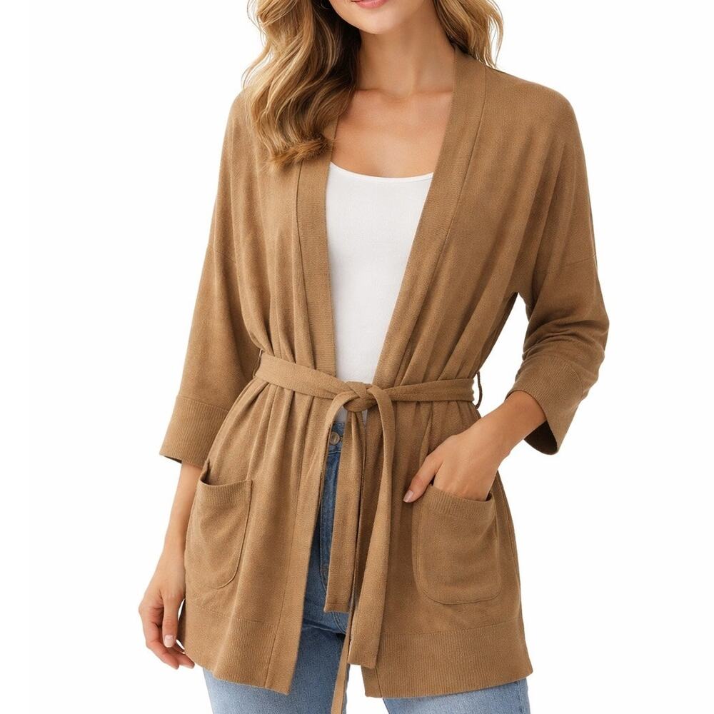 Humanoid Belted Cardigan M Tan Cotton Knit Minimalist 3/4 Sleeve Open
